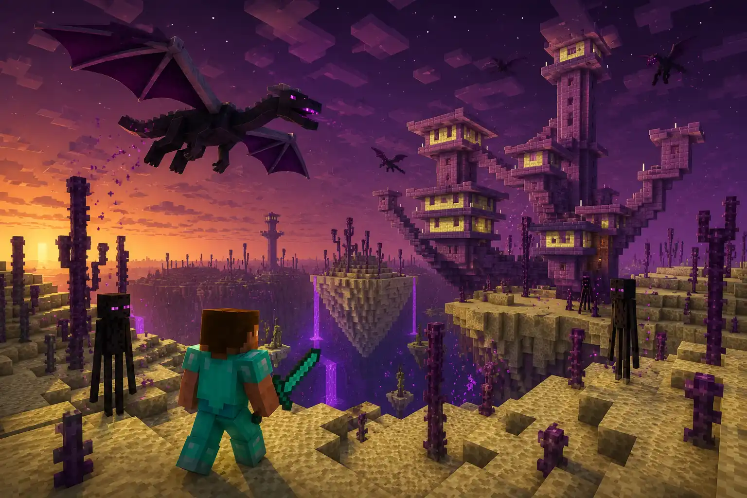 Minecraft End dimension adventure scene with a diamond-armored player, Endermen, End City, floating islands, and Ender Dragons.